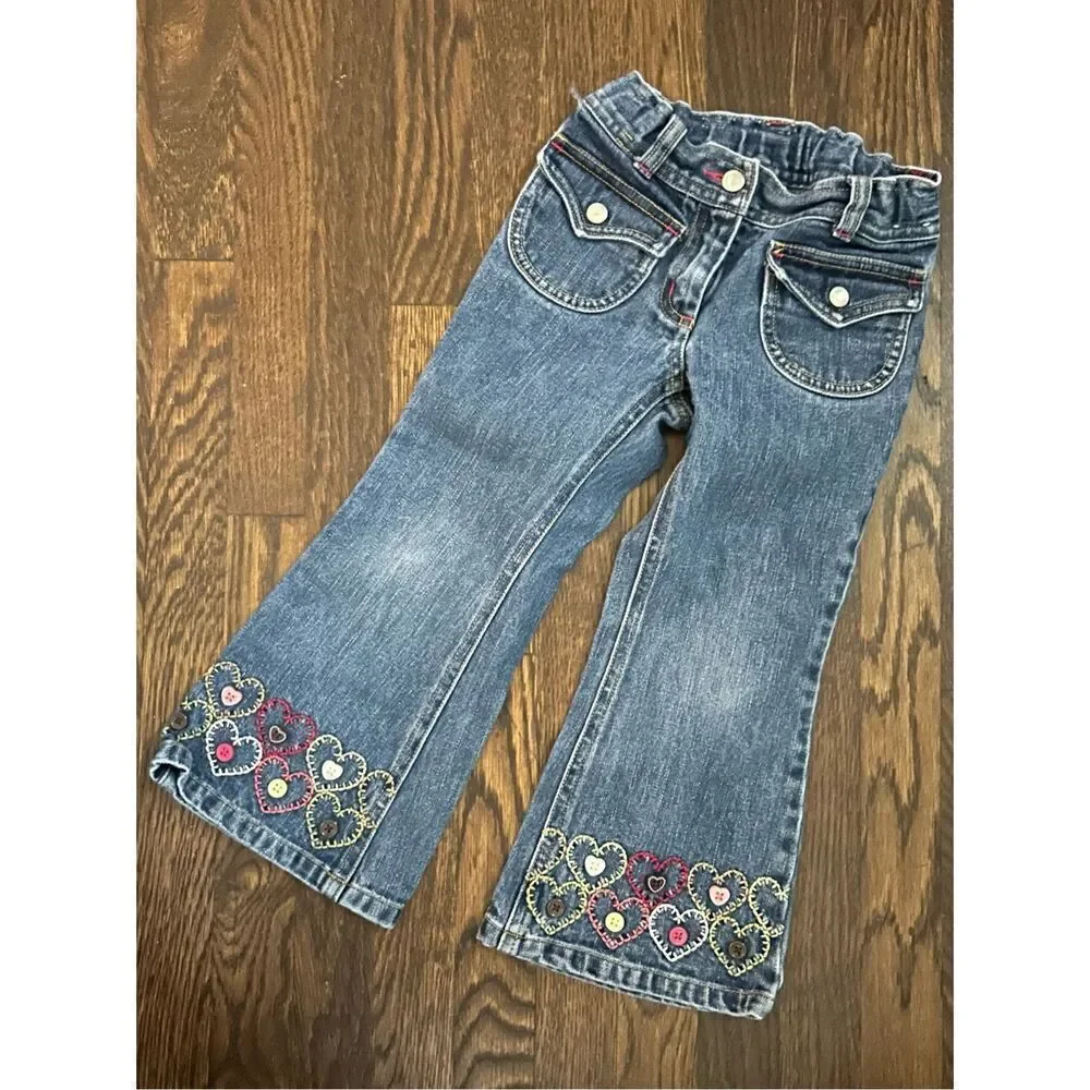 GYMBORee Toddler Girls 4 Denim Heart Embroidered Flared Jeans